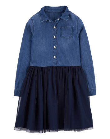 Kid Mixed Fabric Chambray and Tulle Dress
, 