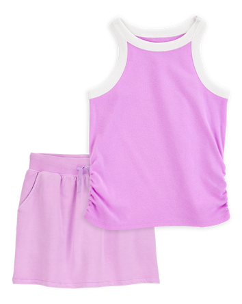 Kid 2-Piece Ribbed Tank Top & Active Drawstring Skort Set - Purple, 