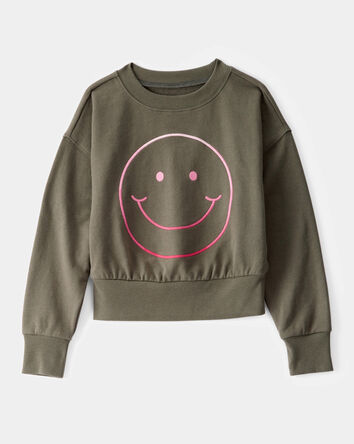 Kid Oversized  Smiley Face Graphic Sweatshirt - Olive, 