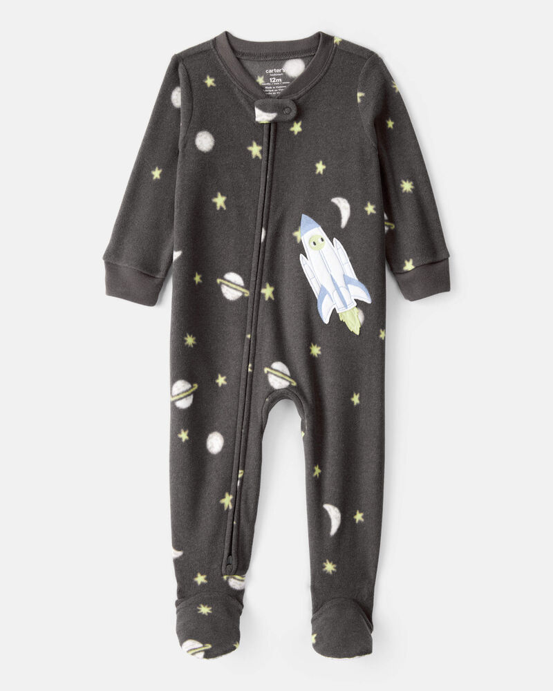 Baby Boy Spaceship Star Print Fleece Loose Fit 1-Piece Pajamas - Grey, image 1 of 4 slides