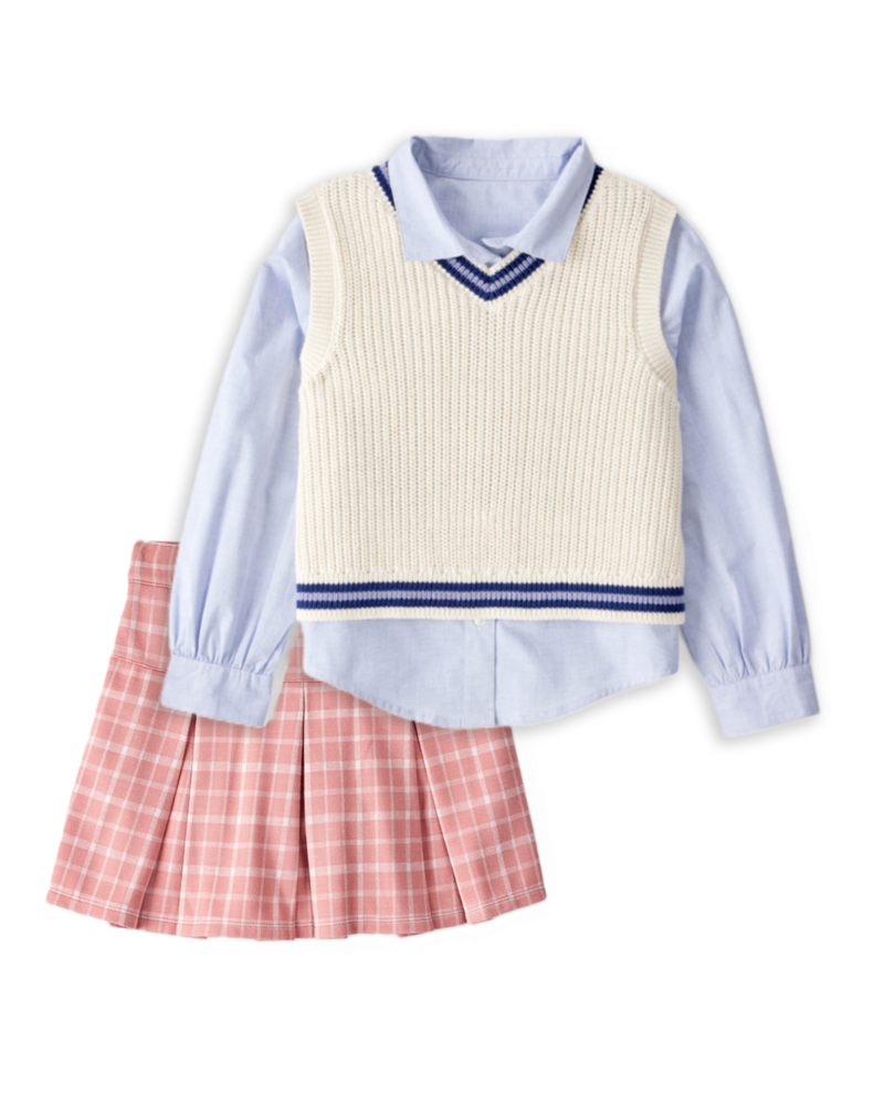 Girls 3-Piece Button-Front Shirt, Sweater Vest & Plaid Skort Set - Multi, image 1 of 9 slides