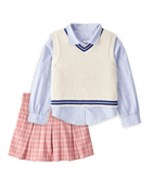 Girls 3-Piece Button-Front Shirt, Sweater Vest & Plaid Skort Set - Multi, image 1 of 9 slides