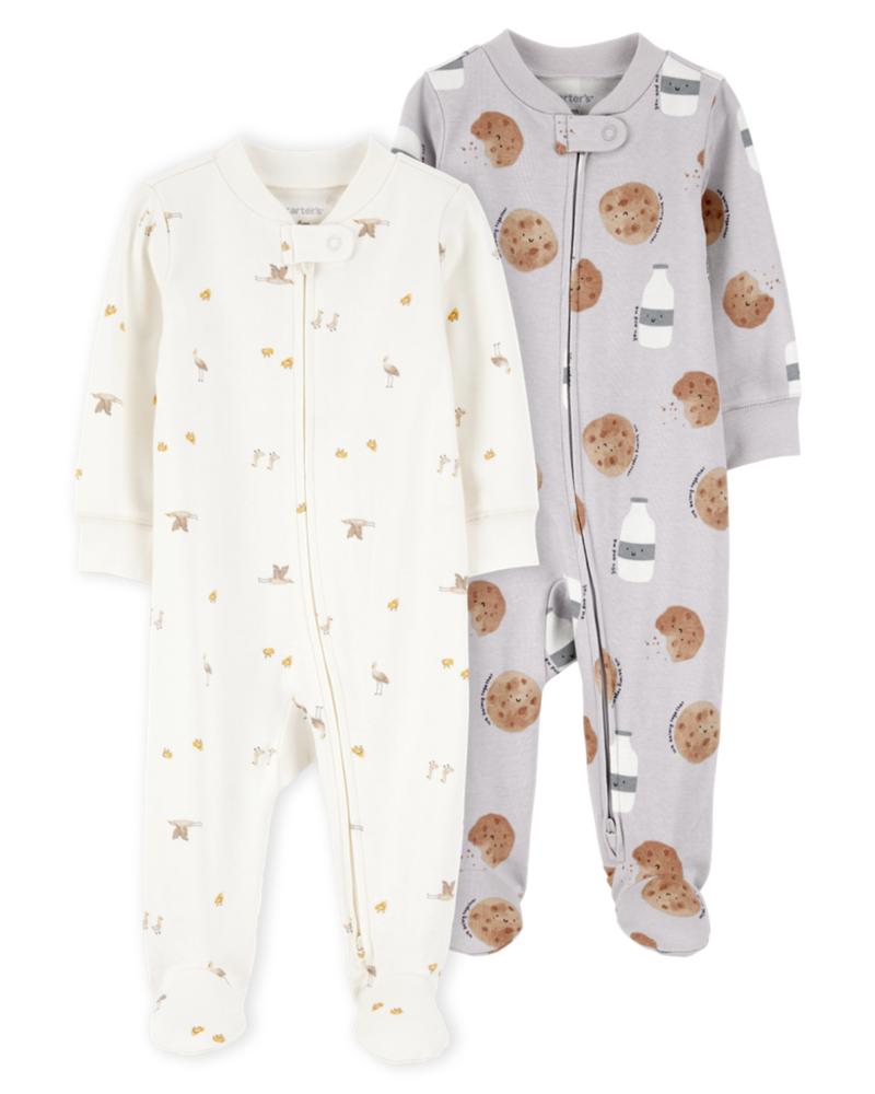 Baby 2-Pack  Cotton 2-Way Zip Sleep & Play Pajamas - Grey/Ivory, image 1 of 5 slides