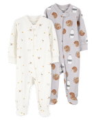 Baby 2-Pack  Cotton 2-Way Zip Sleep & Play Pajamas - Grey/Ivory, image 1 of 5 slides