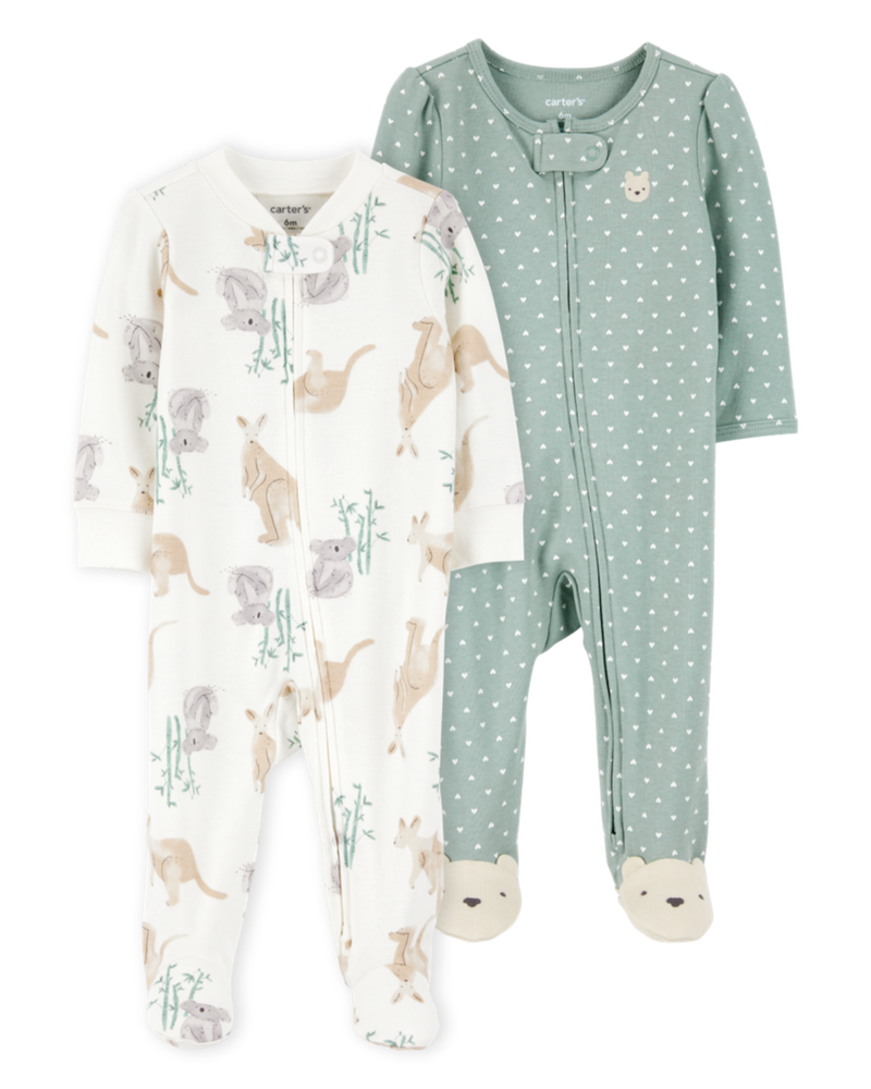 Baby 2-Pack  Cotton 2-Way Zip Sleep & Play Pajamas - Green/Ivory, image 1 of 6 slides
