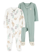 Baby 2-Pack  Cotton 2-Way Zip Sleep & Play Pajamas - Green/Ivory, image 1 of 6 slides