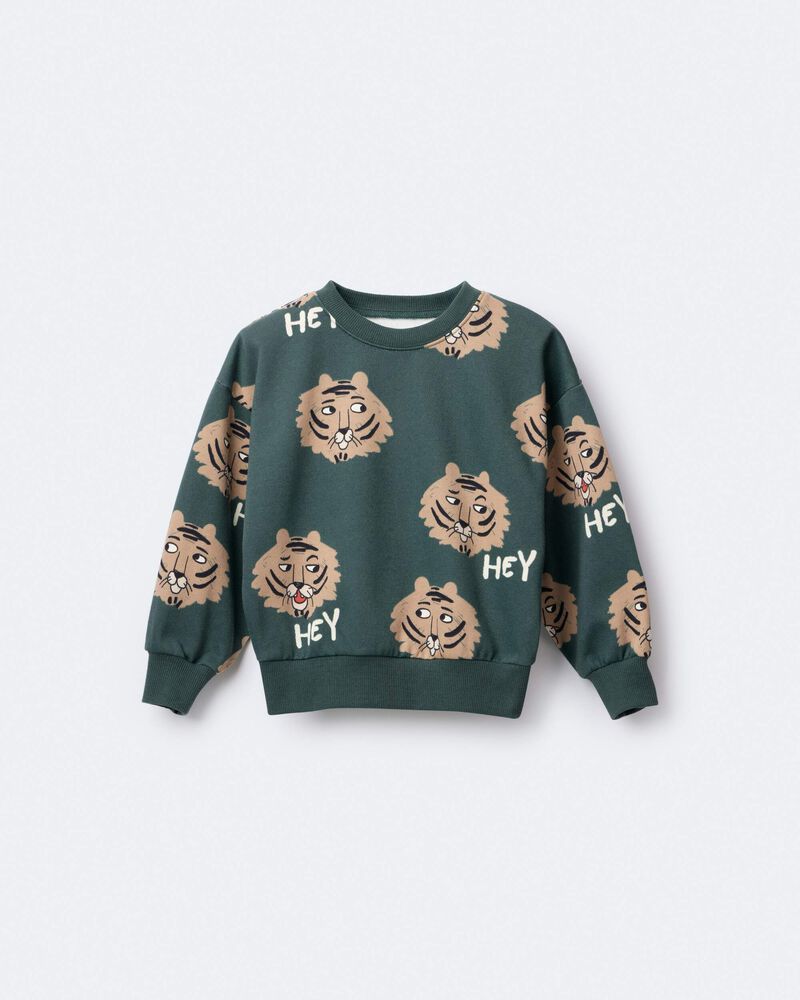 Toddler 'Hey' Tiger Dolman-Sleeve Sweatshirt - Green, image 2 of 7 slides