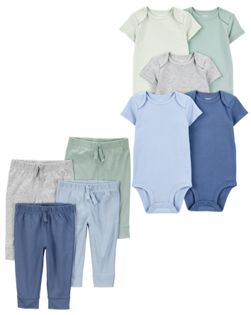 Baby 9-Piece Solid Short-Sleeve Bodysuits & Pull-On Pants Set, 