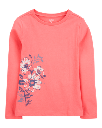Girls Flower-Print Long-Sleeve Graphic Tee - Orange, 