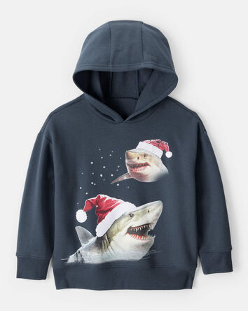 Boys Christmas Santa Shark Long-Sleeve Fleece Hoodie - Navy, 
