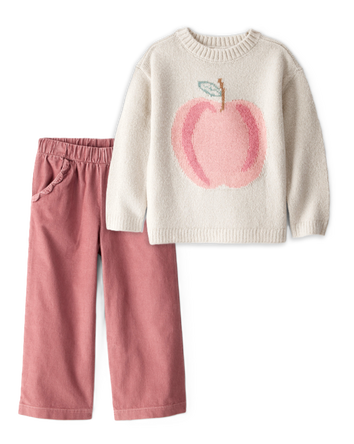 Toddler Girl 2-Piece Apple Long-Sleeve Sweater & Corduroy Pants Set - Ivory/PInk, 