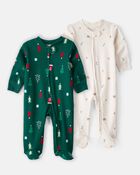 Baby 2-Pack Christmas 100% Cotton Snug Fit 2-Way Zip Sleep & Play Pajamas -Green/White, image 1 of 7 slides