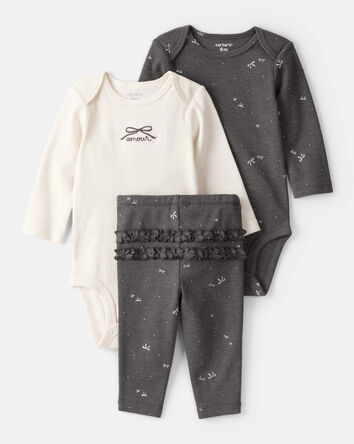 Baby Girl Bow Print Bodysuit & Pant Set - Grey, 