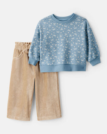 Baby Girl 2-Piece Fleece Bow Crewneck and Corduroy Wide Leg Pants, 