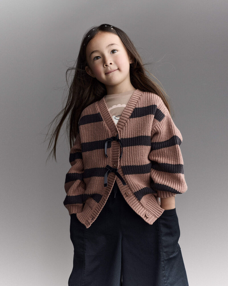 Toddler Girl Striped Puff-Sleeve Cardigan with Bows - Mocha Brown/Black, image 1 of 6 slides