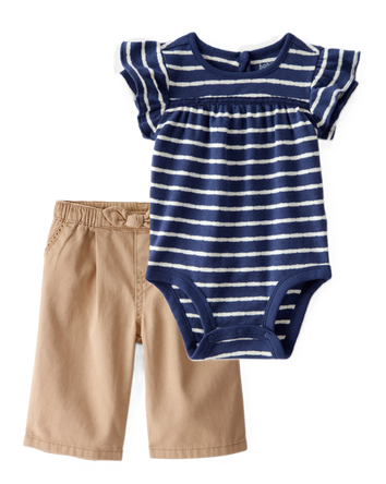 Baby Girl 2-Piece Striped Bodysuit & Twill Bow-Tie Shorts Set - Multi, 
