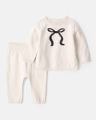 Baby Girl Bow Cotton Long-Sleeve Sweater & Pant Set - Ivory, image 1 of 4 slides