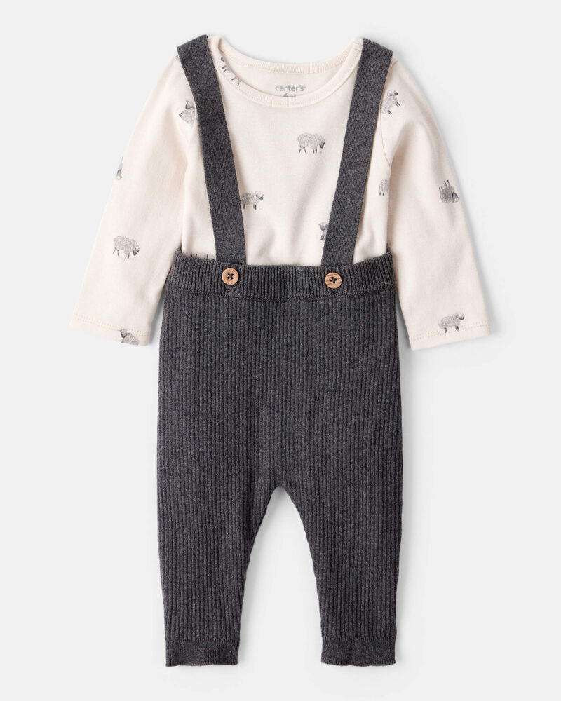 Baby Boy Sheep Print Cotton Long-Sleeve Overall Set - White/Grey, image 1 of 6 slides