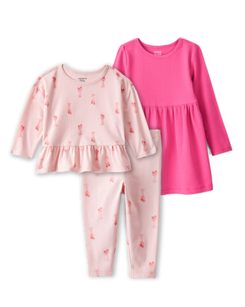 Toddler Girl 3-Piece Ballerina Print Outfit & Dress Set - Pink, 