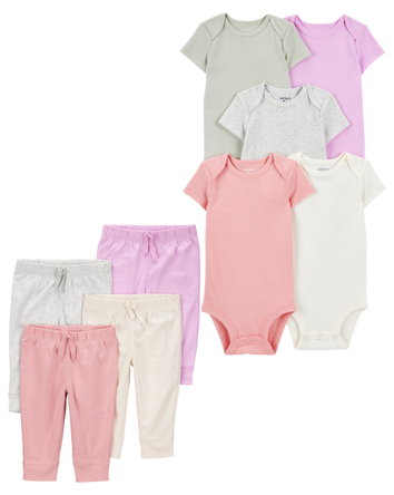 Baby 9-Piece Solid Short-Sleeve Bodysuits & Pull-On Pants Set, 