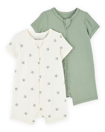 Baby 2-Pack PurelySoft Zip-Up Rompers - Green/Ivory, 