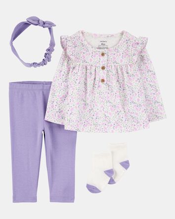 Baby Girl 4-Piece Floral Outfit Set - Purple, 