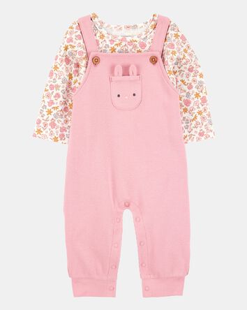 Baby Girl 2-Piece Floral Bunny Long-Sleeve Tee & Coverall Set - Pink, 