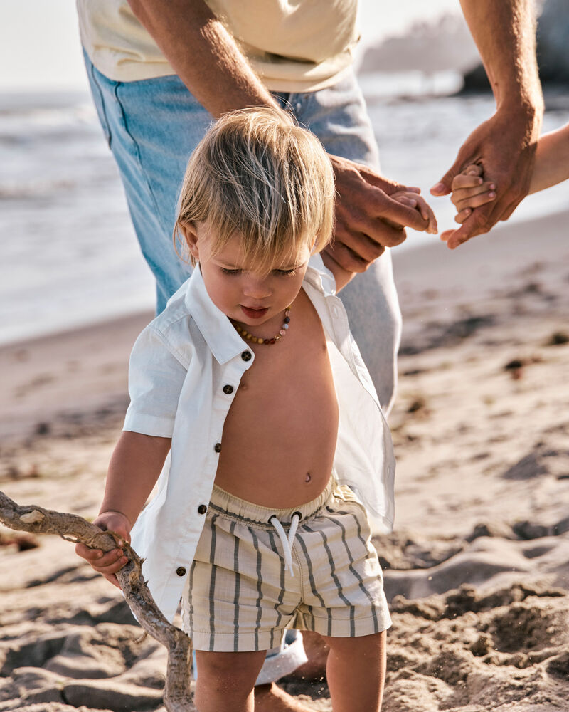 Baby 2-Piece Striped Button-Down Shirt & Drawstring Shorts Set - Khaki, image 7 of 7 slides