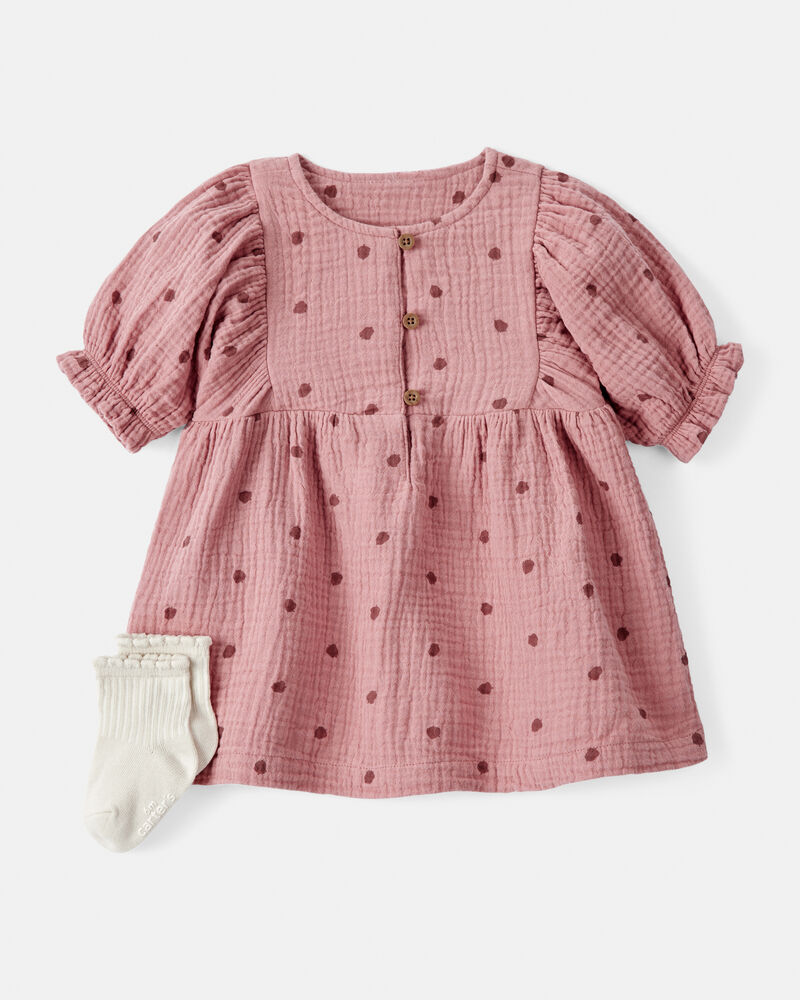 Baby Girl 2-Piece Acorn Print Short-Sleeve Dress Set - Pink, image 1 of 6 slides