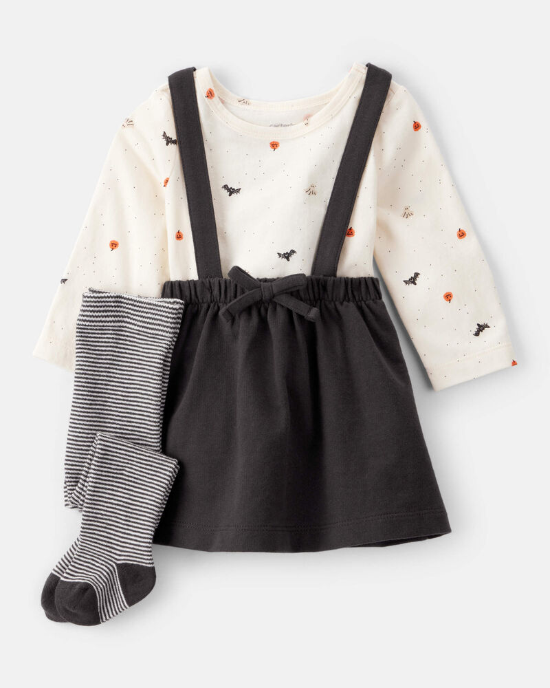 Baby Girl 3-Piece Halloween Tee & Jumper Set - White/Black, image 1 of 6 slides
