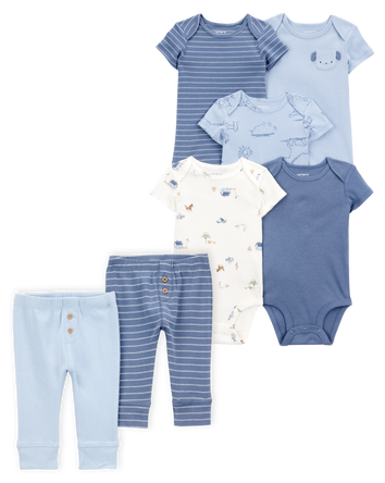 Baby 7-Piece Short-Sleeve Bodysuits & Pull-On Pants Set - Blue, 
