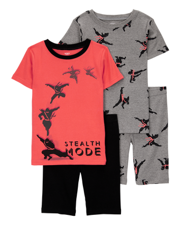 Boys Ninja Print Snug Fit Cotton 4-Piece Pajamas, 