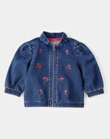 Baby Floral Denim Embroidery Zip-Up Jacket - Utility Blue Wash, 
