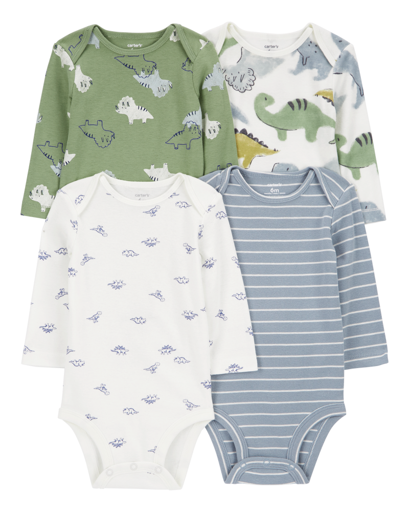 Baby 4-Pack Long-Sleeve Dinosaur Bodysuits, image 1 of 7 slides