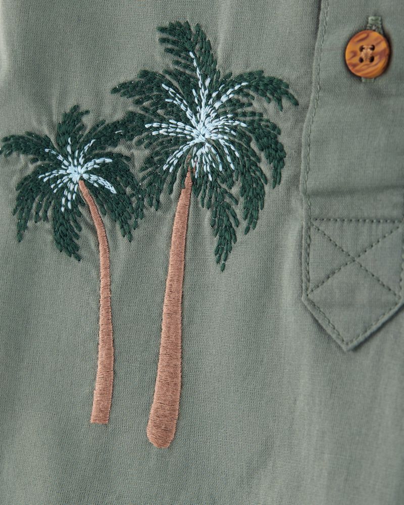 Baby  Palm Tree Print Button-Front Romper-Green, image 2 of 4 slides