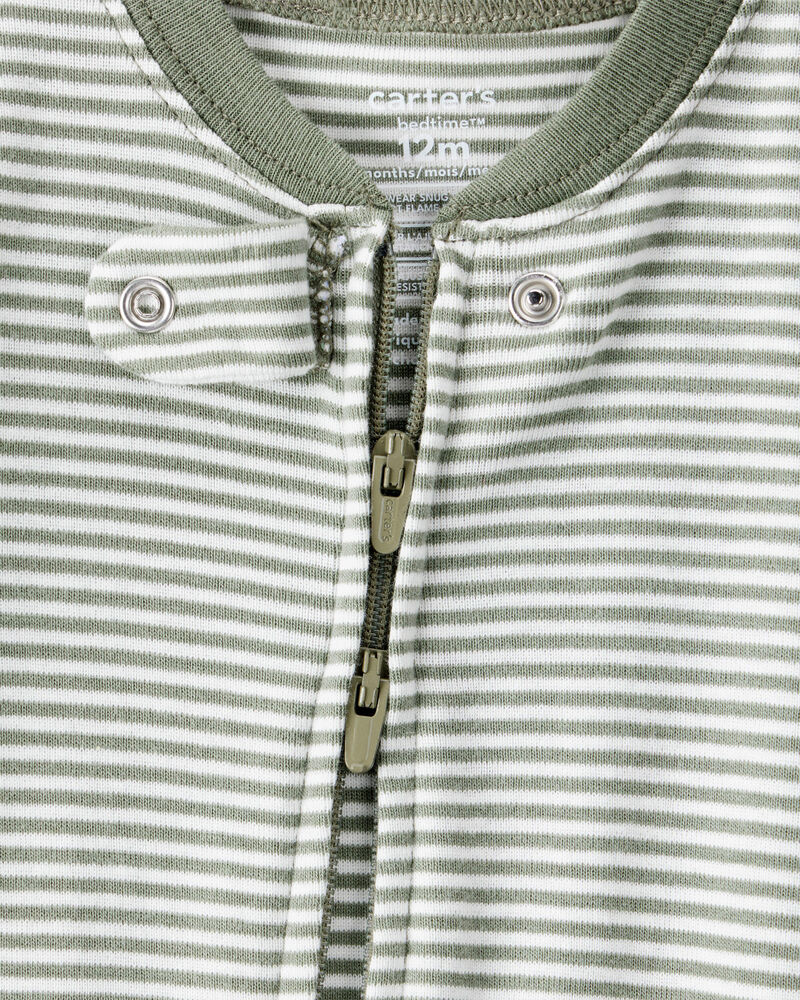 Baby Boy Bear Striped 100% Cotton Long-Sleeve Snug Fit 1-Piece Pajamas - Green, image 2 of 5 slides