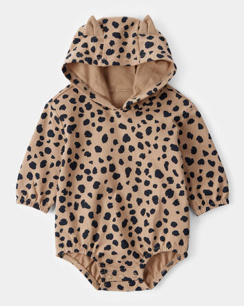 Baby Leopard Hooded Long-Sleeve Bubble Romper - Brown, 