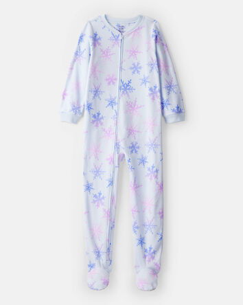 Girls Snowflake Fleece Long-Sleeve Loose Fit 1-Piece Pajamas - Blue, 