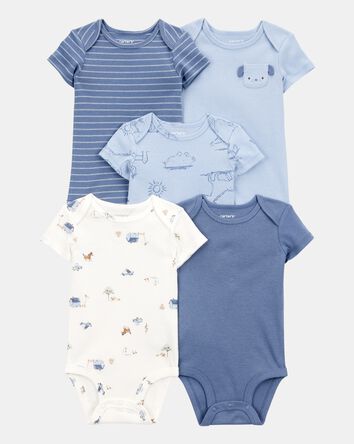 Baby Boy 5-Pack Dog Short-Sleeve Cotton Bodysuits - Blue, 