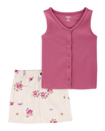 Kid 2-Piece Ribbed Button-Down Tank Top & Floral Twill Skirt Set - Pink/Ivory, 