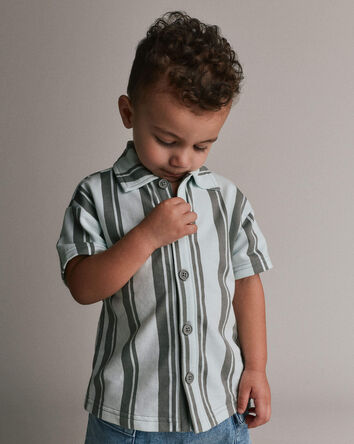 Toddler Boy Button-Down Short-Sleeve Shirt in Stripes - Light Blue/Sage, 