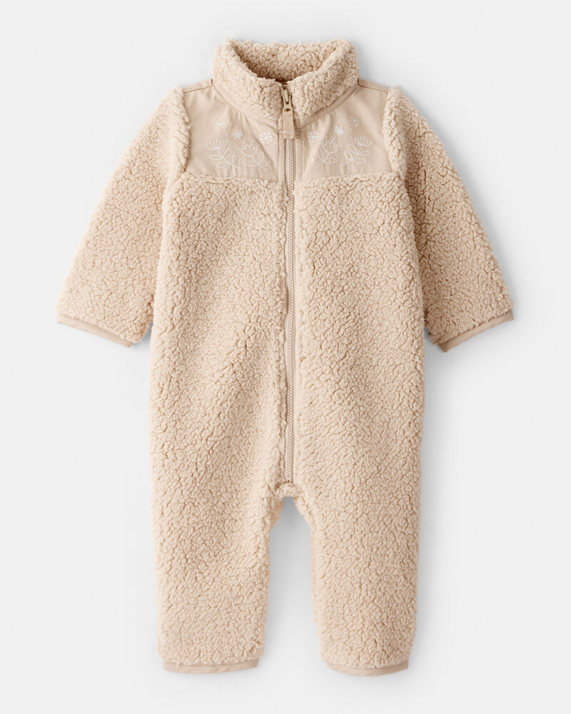 Baby Girl Embroidered Sherpa Long-Sleeve Jumpsuit - Brown, image 1 of 4 slides