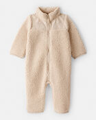 Baby Girl Embroidered Sherpa Long-Sleeve Jumpsuit - Brown, image 1 of 4 slides