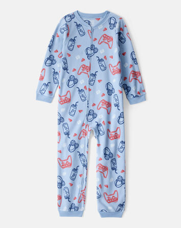 Boys Video Games Print Loose Fit Long-Sleeve Zip-Up 1-Piece Pajamas - Blue, 