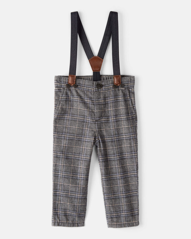 Baby Boy Plaid Cotton Pants With Suspenders - Grey, image 1 of 4 slides