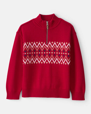 Boys Fair Isle Cotton Quarter-Zip Long-Sleeve Sweater - Red, 