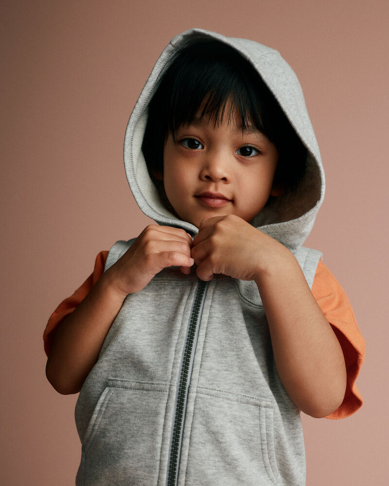 Toddler Boy French Terry Hooded Vest with Pocket - Heather Grey, image 3 of 5 slides