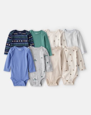 Baby Boy 8-Pack Long-Sleeve Multipack Bodysuits - Blue/Brown/Grey
, 