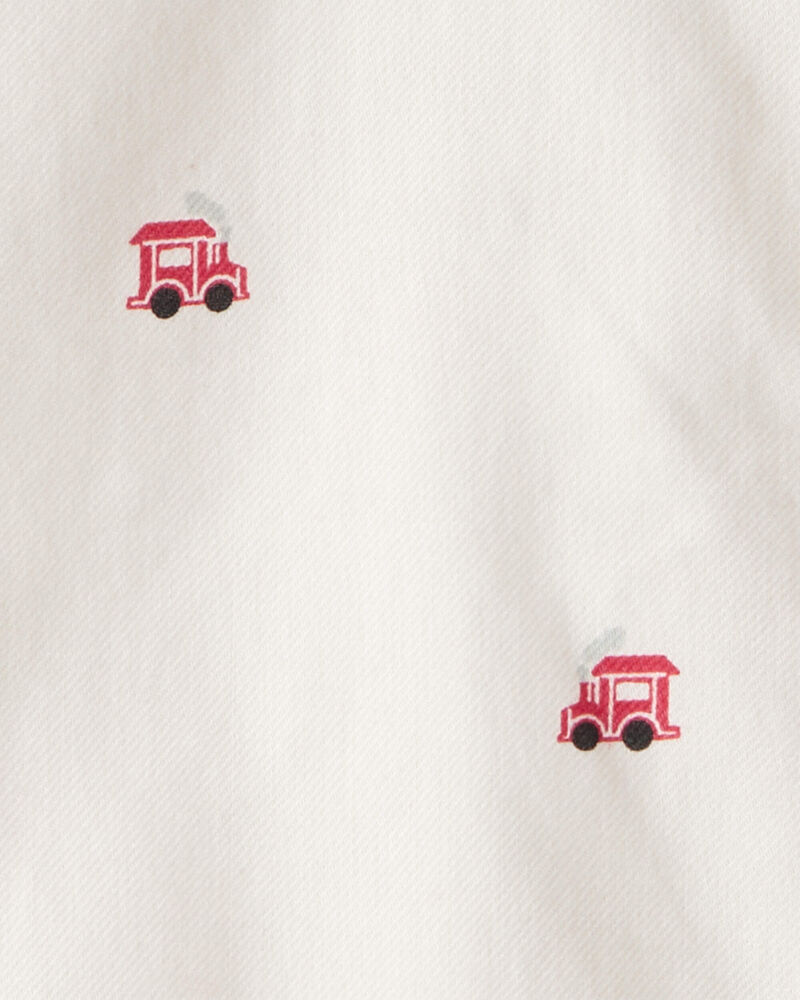 Toddler Boy Train Print  Button-Down Shirt - White, image 2 of 3 slides