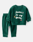 Baby 2-Piece Santa Is My Bestie Long-Sleeve Tee & Pant Set - Green, image 1 of 5 slides